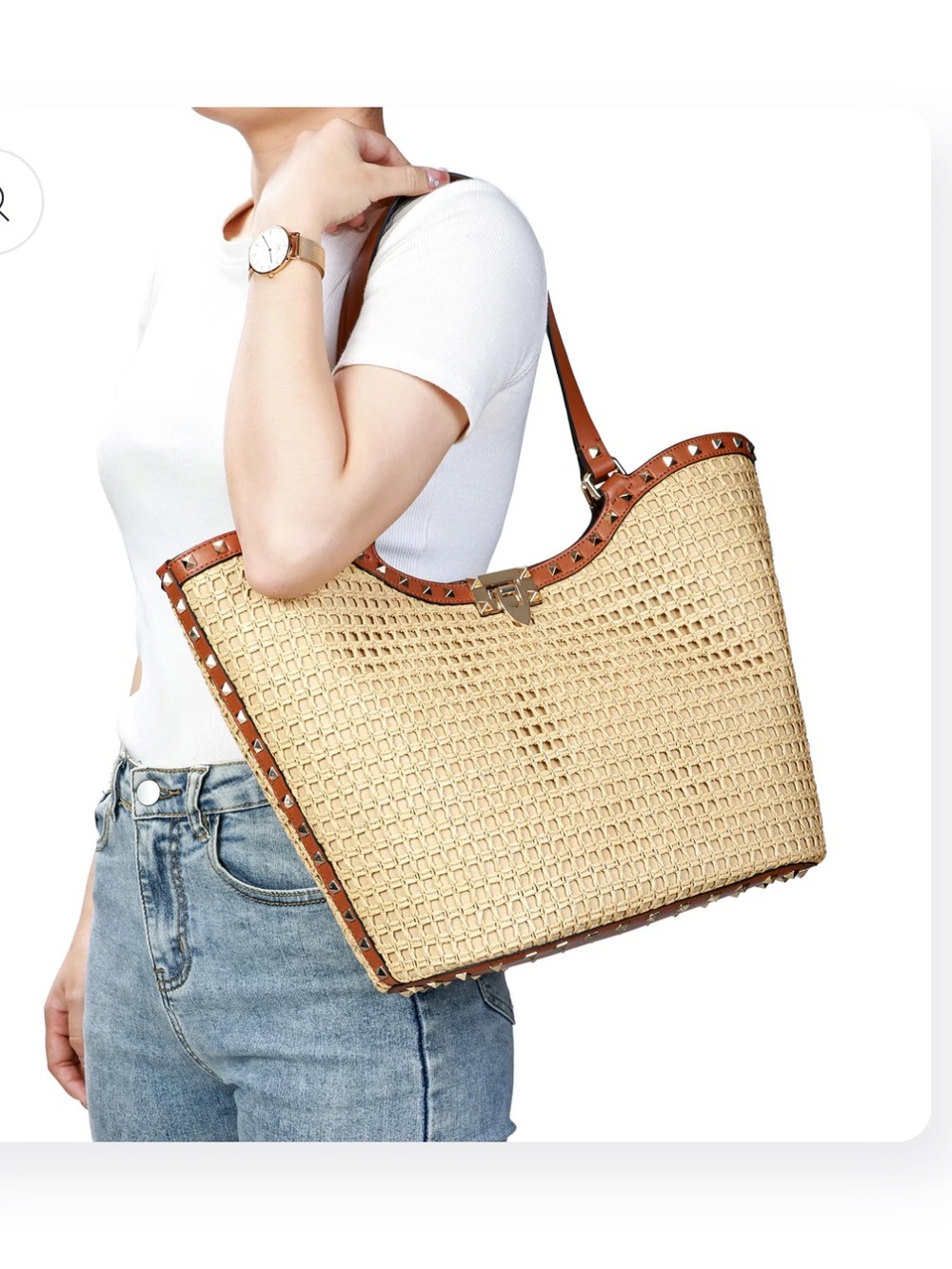 Tiffany & Fred Paris Straw Raffia & Leather Large Tote, Beige